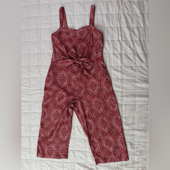 Fat Face Red Paisley Linen Wide Leg Cropped Jumpsuit Cowgirl Western Boho - 12 R - Picture 1 of 13